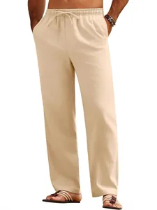 Men's summer loose linen-blend drawstring casual pants in beige for casual beach wear