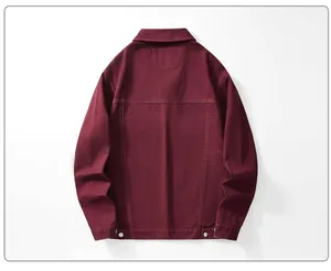 Detailed back view of a premium burgundy denim jacket for men in a vintage street style.