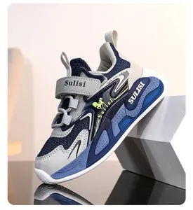 Zapatillas deportivas de malla transpirable para niños con suela antideslizante en azul y gris