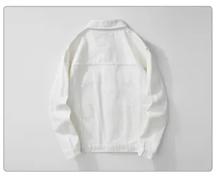 Back view detail of a classic white denim jacket for men in minimalist style
