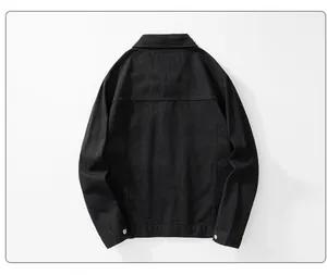 Detailed back view of a minimalist black retro Japanese style denim jacket for men