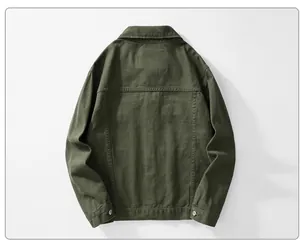 Detailed back view of a men's army green vintage Japanese style street denim jacket