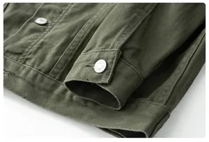 Macro detail of an olive green denim jacket showing cuff texture and silver metallic button