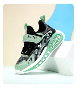 Zapatillas deportivas ligeras de malla verde menta y negro para niños con velcro