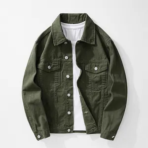 Vintage Japanese style army green denim jacket for men layered over a white t-shirt