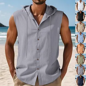Herren Sommer Leinen Kapuzenhemd ärmellos Weste in verschiedenen Farben für den Strand