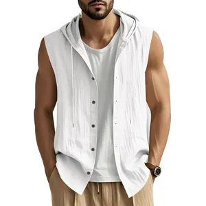 Camisa informal de lino para hombre sin mangas con capucha, blanca, traspirable y holgada