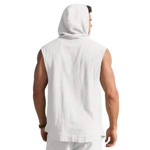 Back view detail of men's white linen sleeveless hooded shirt with textured fabric