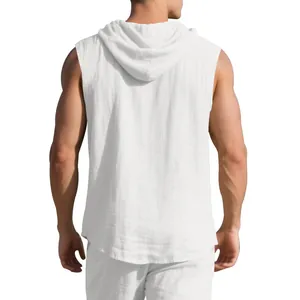 Back view of men's white linen sleeveless hooded shirt showing detailed fabric texture