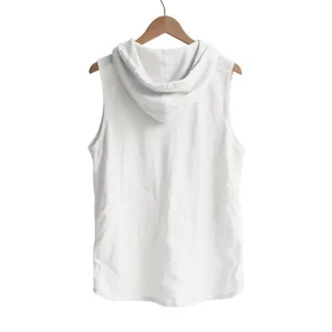 Detail shot showing the back view of a white linen sleeveless hooded shirt vest for men