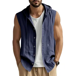 Camisa de lino para hombre sin mangas con capucha, color sólido, tejido transpirable