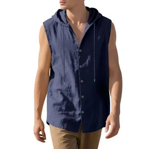 Detail of navy blue sleeveless hooded linen shirt for men showing button front