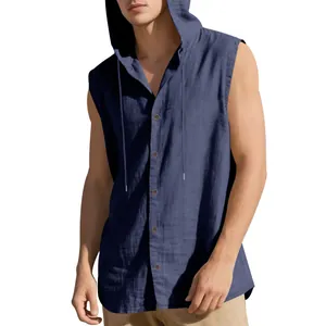 Relaxed fit men's casual sleeveless linen hooded shirt in deep blue, detail view profile.