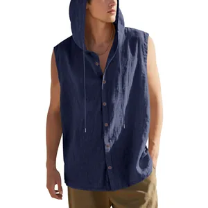 Close-up detail of a men's navy blue linen sleeveless hooded shirt with buttons