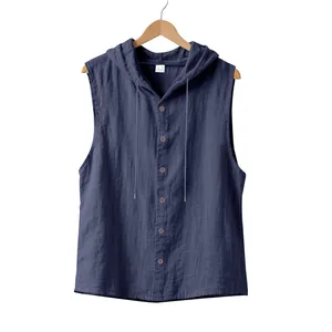 Navy blue sleeveless linen hooded shirt for men featuring a button-down front and loose fit