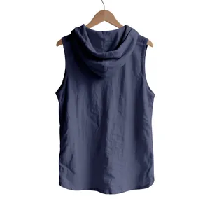 Detailed back view of sleeveless hooded vest highlighting linen texture and fit