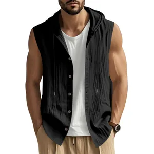 Camisa casual sin mangas con capucha para hombre en lino negro transpirable