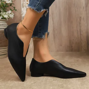 Dames Platte Schoenen met Spitse Neus en V-Hals Vintage Kantoor Laag Uitgesneden Mary Janes Pendelschoenen Effen Kleur Retro Loafers