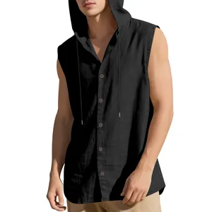 Detailed view of men's black sleeveless linen hoodie vest with button closure and drawstring.