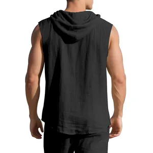 Back view of a black sleeveless linen hooded shirt showing the textured fabric and loose fit.