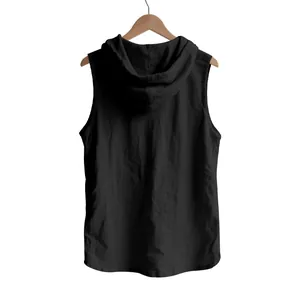 Back view of a black sleeveless hooded linen shirt vest for men in a relaxed fit