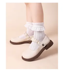 Elegante Mädchen Mary Jane Lederschuhe in Cremeweiß mit Blumenschnalle und Rüschenband