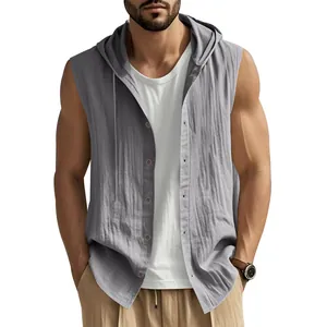 Camisa de lino sin mangas con capucha para hombre, color gris claro, estilo casual.