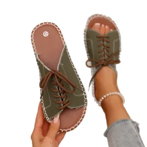 Sandales décontractées en toile vert armée à lacets pour femmes promenade plage été