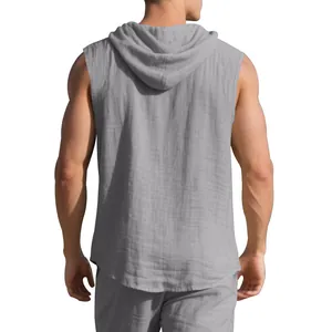 Back view of a grey men's linen sleeveless hooded shirt with a relaxed loose fit