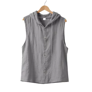 Men's casual gray sleeveless hooded linen shirt with front buttons and breathable fabric