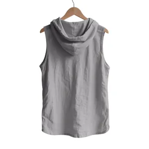 Detailed back view of men's casual grey linen sleeveless hooded shirt vest on hanger