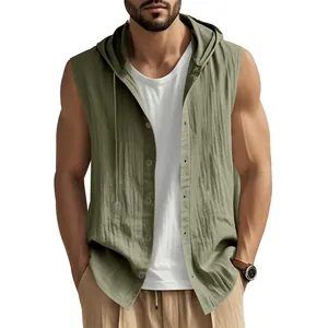 Close-up of casual hooded sleeveless linen shirt for men in relaxed olive green fit