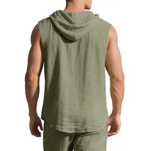 Back view detail of men's sleeveless hooded linen shirt vest in olive green color