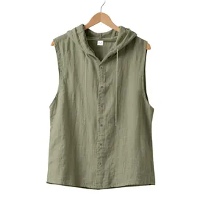 Men's casual sleeveless hooded linen shirt in olive green, perfect for summer comfort.