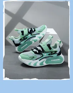 Close-up of breathable mint green mesh running shoes for boys with trendy design