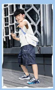 Young boy wearing breathable blue mesh sports running sneakers in urban setting