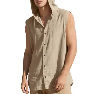 Casual linen sleeveless hooded shirt for men in beige with button closure and drawstring