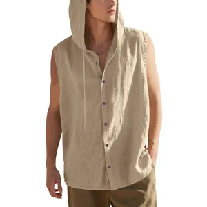 Detail of men's casual sleeveless hooded linen shirt in khaki, loose fit with hood