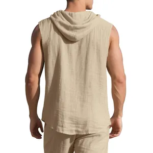 Back view of a men's loose-fit sleeveless linen hoodie with textured fabric details