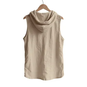 Detailed back view of men's casual sleeveless linen hooded shirt vest in beige color