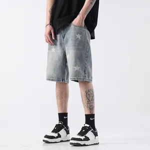 Men's American Straight Leg Star Print Denim Shorts Summer Casual Light Blue Washed Mid Length Five Point Pants
