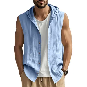 Men's light blue linen sleeveless hooded shirt vest, casual loose fit button-up style