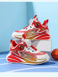 Rote und weiße Basketballschuhe für Jungen mit Drachenmuster und Drehverschluss