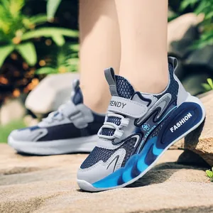Breathable boys' mesh sneakers for summer, blue and grey athletic running shoes for kids