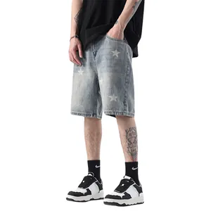 High-quality men's light blue denim shorts with star print, straight-leg five-point pants