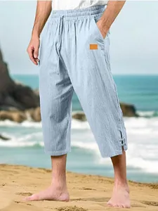 Men's casual light blue cotton linen cropped beach pants with drawstring waist and pockets.