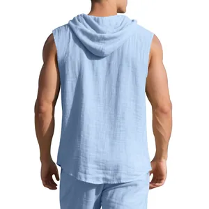 Detailed back view of a light blue men's sleeveless hooded linen shirt in loose fit