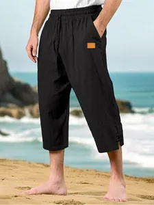 Men's casual black cotton linen cropped beach pants featuring a comfortable drawstring waist