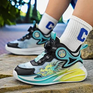 Kinder Basketballschuhe Jungen Sneaker Atmungsaktiv Mesh Kunstleder Obermaterial Drehverschluss Drachenmuster Schüler Sportplatzschuhe