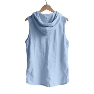 Back view of light blue linen sleeveless hoodie for men with natural fabric texture